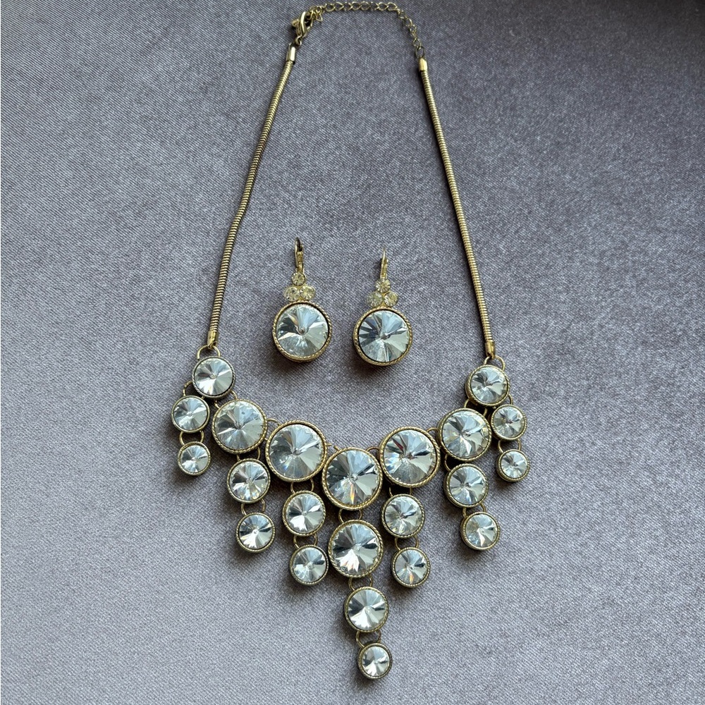 Gold-Tone Clear Crystal Bib Necklace and Drop Earring Set